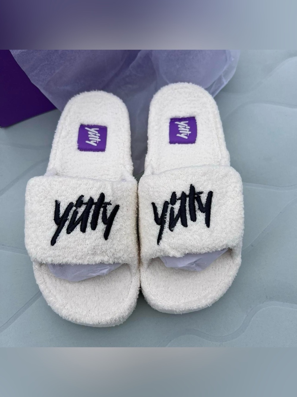 YITTY White Terry Slide Slippers with Black Logo